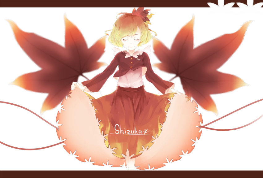 aki_shizuha, blonde_hair, closed_eyes, hair_ornament, highres, leaf, leaf_hair_ornament, leaf_on_head