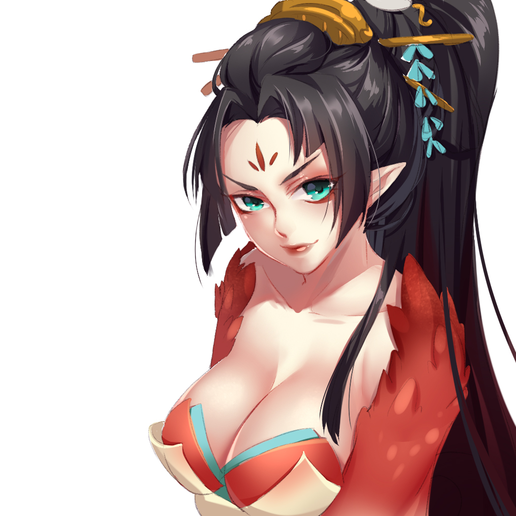 1girl, bangs, black_hair, blue_eyes, breasts, cleavage, facial_mark, fenghuang_huo, flower, forehead_mark, hair_flower, hair_ornament, hair_stick, large_breasts, long_hair, looking_at_viewer, o-yatsu, onmyoji, parted_bangs, pointy_ears, smirk, solo, upper_body