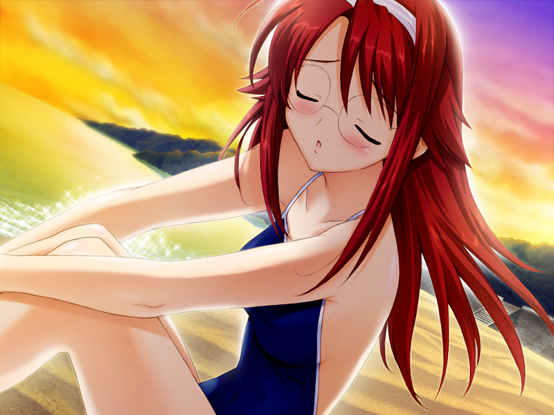 closed_eyes, dutch_angle, game_cg, glasses, kirishima_isami, long_hair, mutsumi_masato, one-piece_swimsuit, red_hair, redhead, swimsuit, yokubari_saboten