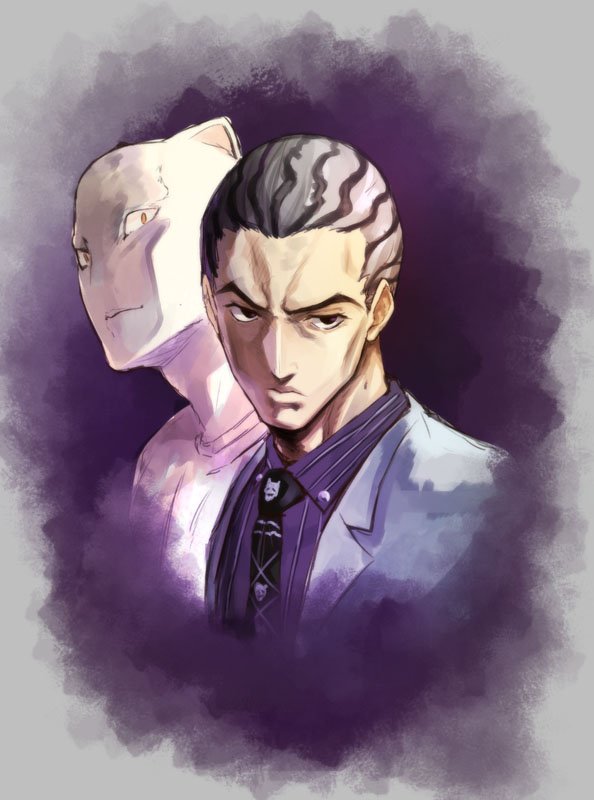 2boys, black_eyes, formal, grey_hair, jojo_no_kimyou_na_bouken, killer_queen, kira_yoshikage, looking_at_viewer