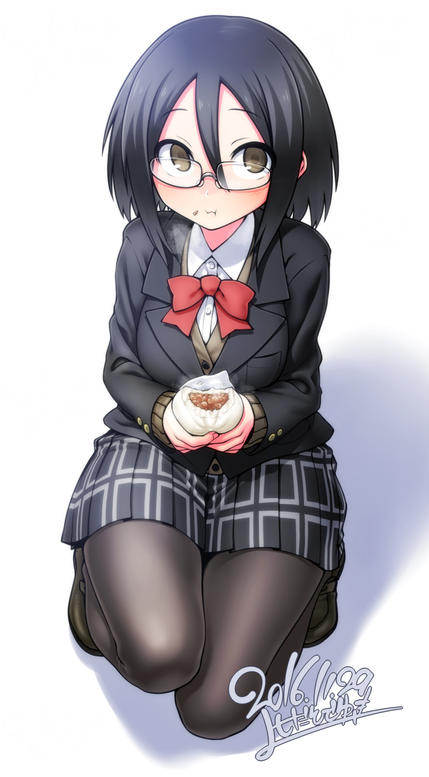 1girl, absurdres, baozi, black_hair, black_legwear, blazer, blush, bow
