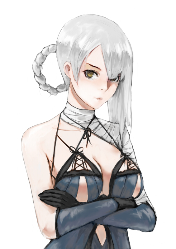 1girl, bandaged_arm, black_gloves, breasts, brown_eyes, cleavage, closed_mouth, crossed_arms