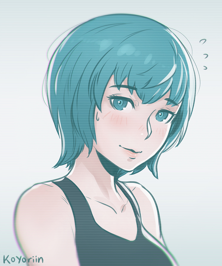 1girl, aqua_eyes, aqua_hair, artist_name, bare_shoulders, black_shirt, blush, breasts