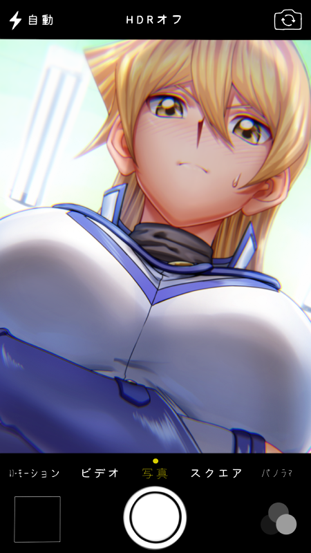 >:(, 1girl, bangs, blonde_hair, blush, breasts, closed_mouth, from_below, large_breasts, legs_crossed, long_hair, looking_at_viewer, moz_(gosgo), nose_blush, phone_screen, serious, solo, sweat, tenjouin_asuka, translated, upper_body, user_interface, yellow_eyes, yu-gi-oh!, yuu-gi-ou_gx