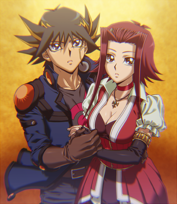 1boy, 1girl, belt, black_gloves, black_hair, black_shirt, blonde_hair, blue_eyes
