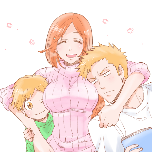1girl, 2boys, 3mm, bleach, blush, book, breasts, closed_eyes, couple, family, father_and_son, hair_ornament, hairclip, hood, hoodie, husband_and_wife, inoue_orihime, kurosaki_ichigo, kurosaki_kazui, large_breasts, lowres, mother_and_son, multiple_boys, one_eye_closed, orange_eyes, orange_hair, ribbed_sweater, short_hair, simple_background, smile, spoilers, sweater, upper_body, white_background