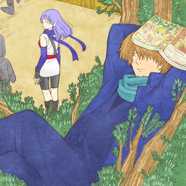 1boy, 1girl, 3mm, arms_behind_head, book, book_on_head, brown_eyes, brown_hair