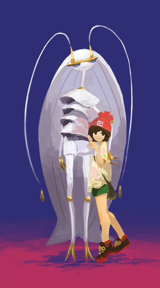 1girl, antennae, artist_name, bag, bangs, bare_arms, beanie, black_eyes