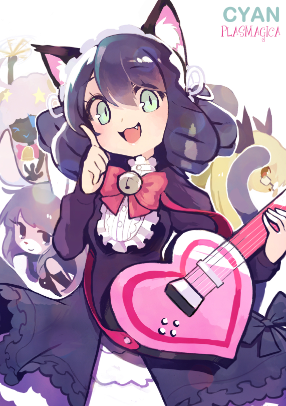 4girls, animal_ears, aqua_eyes, bell, blue_hair, bow, bowtie, cat_ears