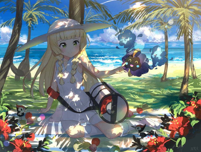 1girl, ^_^, bag, bangs, beach, berries, blonde_hair, blue_sky