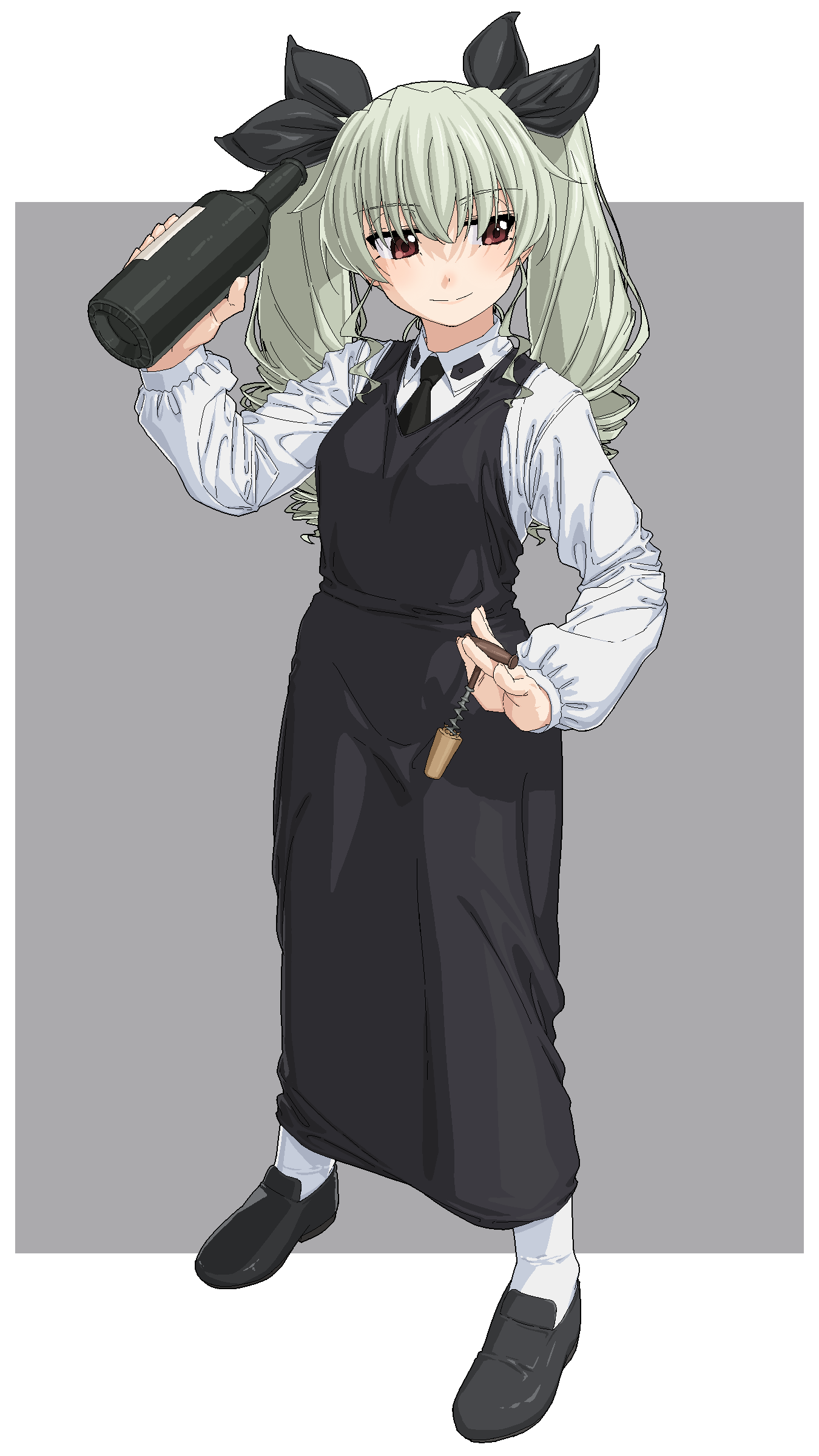 1girl, absurdres, alcohol, anchovy, apron, black_apron, black_necktie, boko_(maniacpurple)