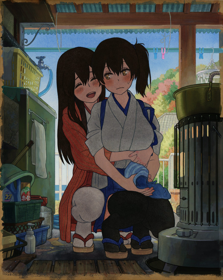2girls, :d, akagi_(kantai_collection), alternate_costume, bent_knees, black_legwear, blue_skirt, blue_tasuki