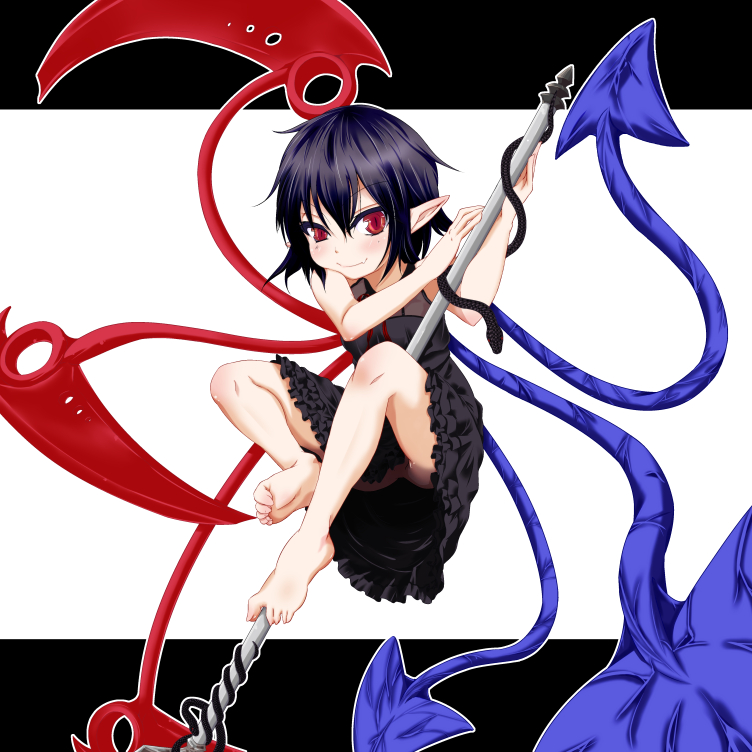 1girl, asymmetrical_wings, bare_legs, barefoot, black_dress, black_hair, dress, fang