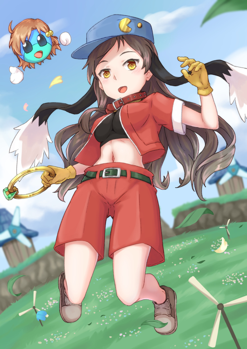 1girl, animal_ears, artist_request, boots, brown_hair, cosplay, crossover, highres, idolmaster, jewelry, kaze_no_klonoa, kitazawa_shiho, klonoa, klonoa_(cosplay), long_hair, necktie, pants, rabbit_ears, red_pants, ring