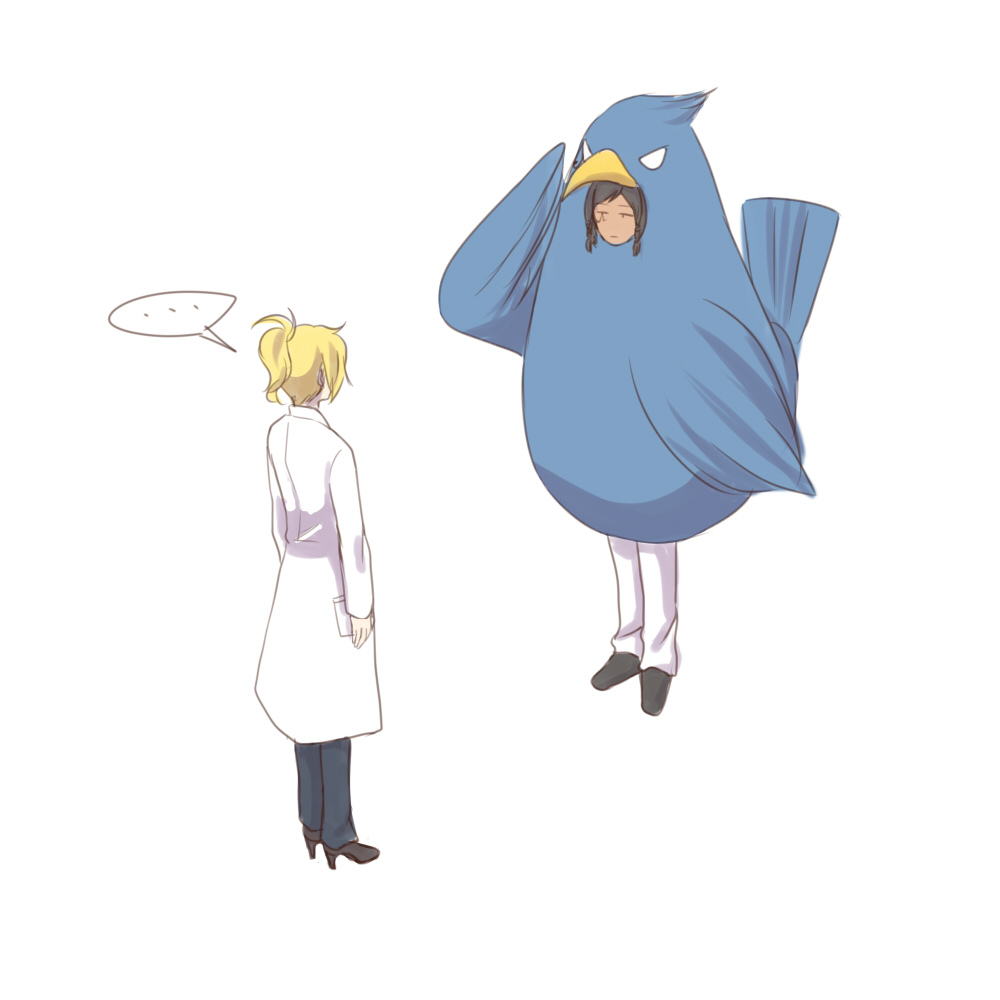..., 2girls, animal_costume, bird_costume, black_hair, black_shoes, blonde_hair, blue_pants
