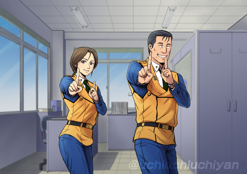 1boy, 1girl, belt, black_hair, brown_hair, gotou_kiichi, grin, indoors