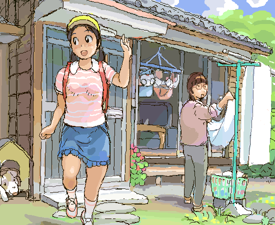 2girls, backpack, bag, black_hair, brown_hair, dog, laundry, laundry_basket, multiple_girls, oekaki, oonani, outdoors, skirt