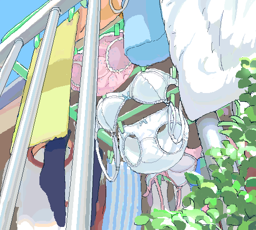 bra, laundry, laundry_pole, lowres, multiple_panties, oekaki, oonani, outdoors
