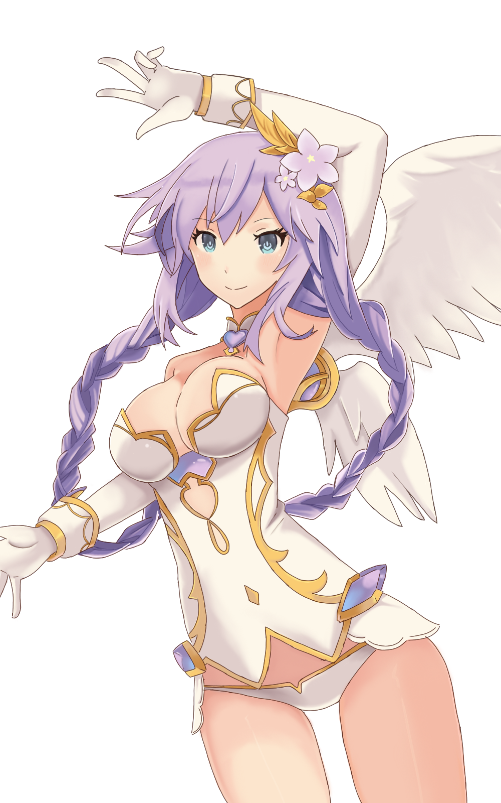 1girl, angel_wings, blue_eyes, braid, breasts, cleavage, feathered_wings, gloves