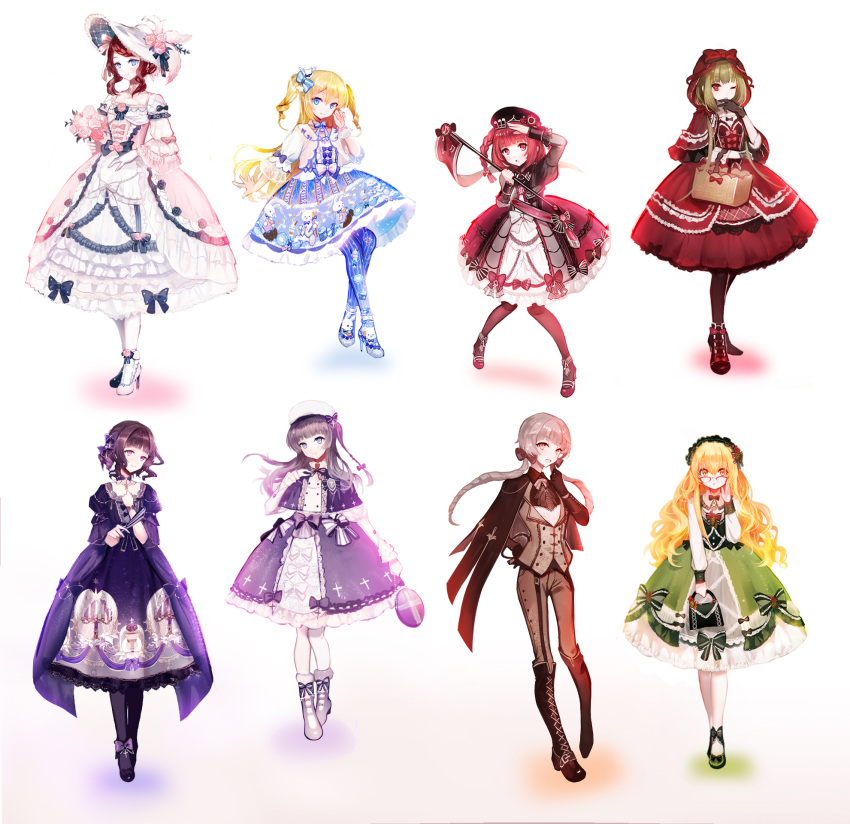 6+girls, bag, bangs, basket, beret, black_bow, black_gloves, black_hair, black_ribbon, blonde_hair, blue_bow, blue_eyes, blue_legwear, blunt_bangs, bonnet, boots, bouquet, bow, braid, brown_hair, choker, collarbone, dress, drill_hair, earrings, eyebrows, eyebrows_visible_through_hair, flag, flower, frills, full_body, glasses, gloves, gothic_lolita, green_eyes, hair_bow, hair_ribbon, hairband, hand_on_own_chest, handbag, hat, hat_feather, hat_flower, hat_ribbon, high_heels, highres, holding_bouquet, hood, jewelry, lace, lace-trimmed_dress, lace_choker, layered_dress, lolita_fashion, long_hair, moemoe3345, multiple_girls, original, overskirt, pantyhose, pigeon-toed, pink_bow, pink_ribbon, print_dress, red_eyes, red_hood, red_rose, redhead, ribbon, rose, smile, striped, striped_legwear, sweet_lolita, two_side_up, vertical-striped_legwear, vertical_stripes, violet_eyes, white_bow, white_gloves, white_legwear, wide_sleeves, wristband