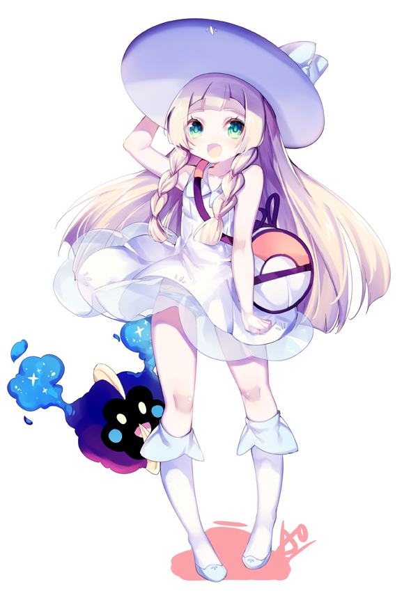 1girl, bag, bangs, blonde_hair, blush, braid, cosmog, dress, green_eyes, hat, kneehighs, lillie_(pokemon), long_hair, open_mouth, panties, pantyshot, pantyshot_(standing), pokemon, pokemon_(creature), pokemon_(game), pokemon_sm, sleeveless, sleeveless_dress, smile, solo, standing, sun_hat, twin_braids, underwear, utm, white_dress, white_hat, white_legwear, wind, wind_lift