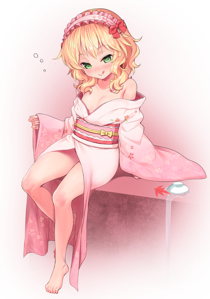 1girl, bangs, bare_legs, barefoot, blonde_hair, bow, breasts, collarbone