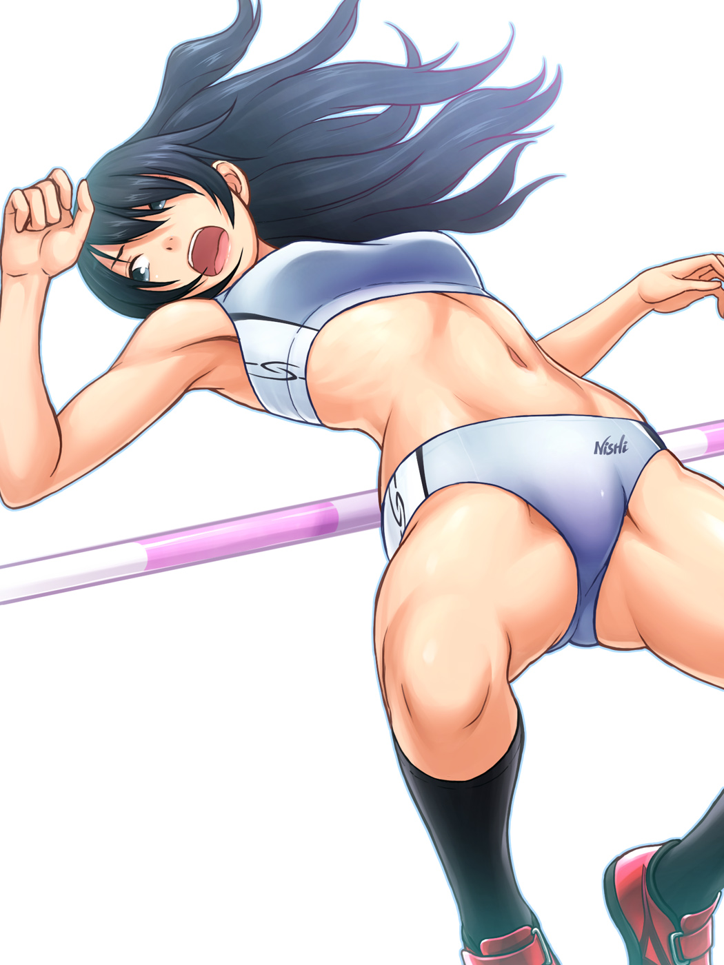 1girl, arched_back, bar, black_hair, black_legwear, blue_eyes, buruma, high_jump, highres, kuri_(kurigohan), long_hair, midriff, nishi_(company), open_mouth, original, sports_bikini, sportswear, track_and_field