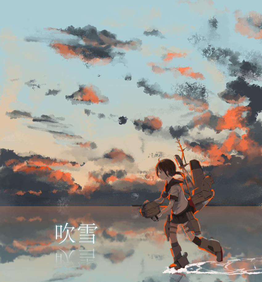 1girl, absurdres, black_hair, cannon, character_name, clouds, fubuki_(kantai_collection), heoningu, highres, kantai_collection, low_ponytail, machinery, over_water, ponytail, reflection, remodel_(kantai_collection), school_uniform, serafuku, short_ponytail, sidelocks, turret, water