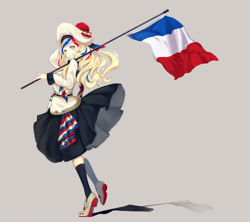 1girl, bangs, belt, beret, black_legwear, black_skirt, blonde_hair, blue_eyes