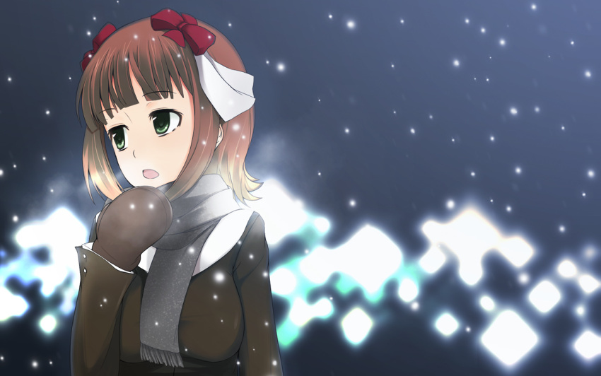 breath, brown_hair, cold, gloves, green_eyes, hair_ribbon, hair_ribbons, idolmaster