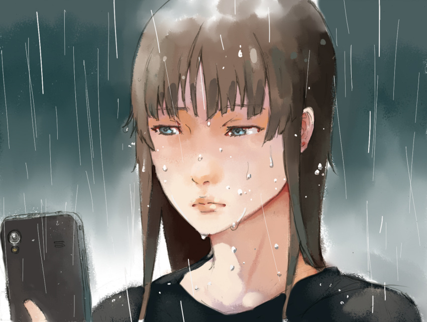 1girl, black_shirt, blue_eyes, brown_hair, cellphone, highres, holding, holding_phone