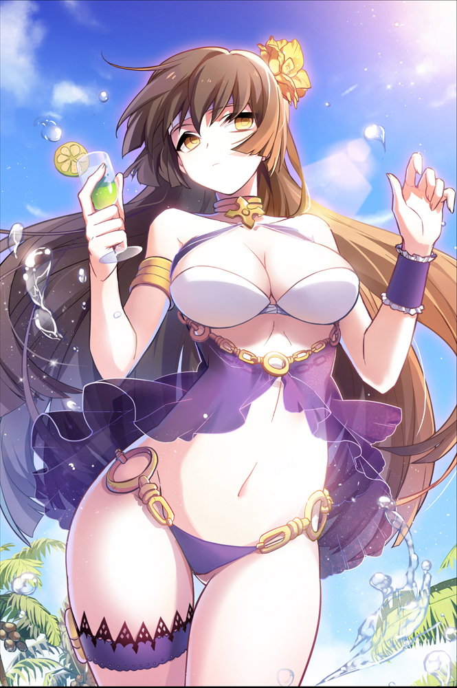 1girl, bikini, bloodline, blue_sky, breasts, brown_hair, cleavage, clouds