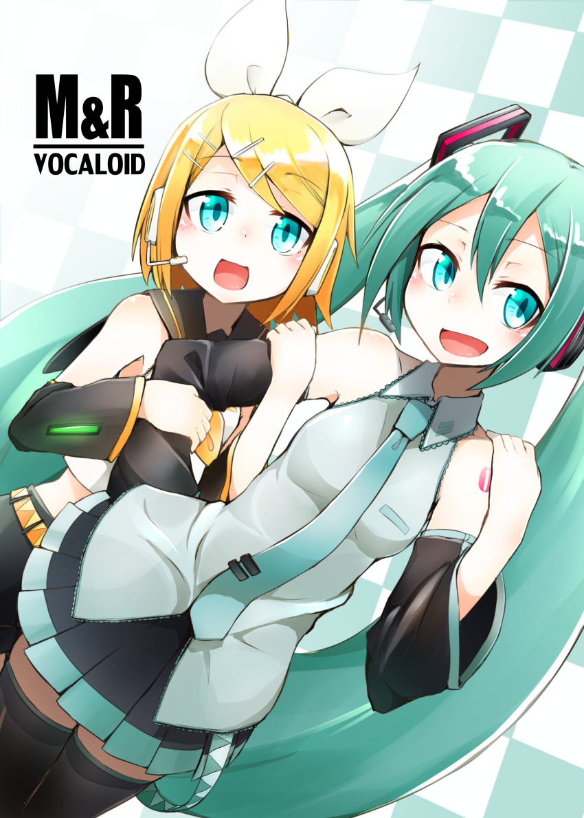 absurdres, aqua_eyes, aqua_hair, blonde_hair, checkered, checkered_background, crop_top, dai_yasude