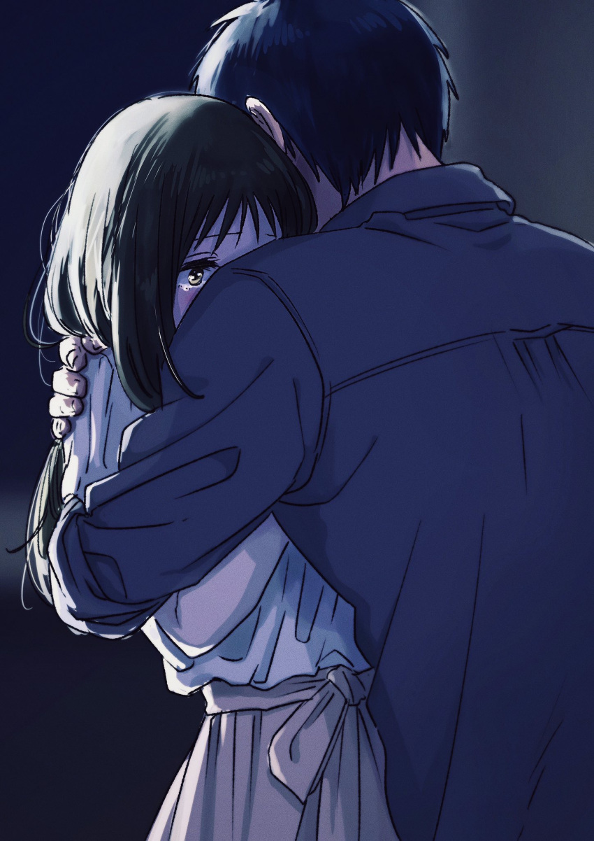 1boy, 1girl, ansatsu_kyoushitsu, back, backlighting, bangs, black_background, black_hair
