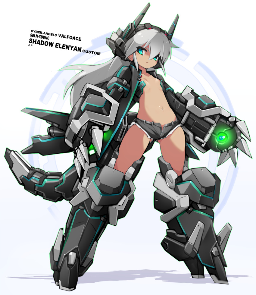1girl, alternate_color, antennae, aqua_eyes, armor, armored_boots, bangs, black_shorts