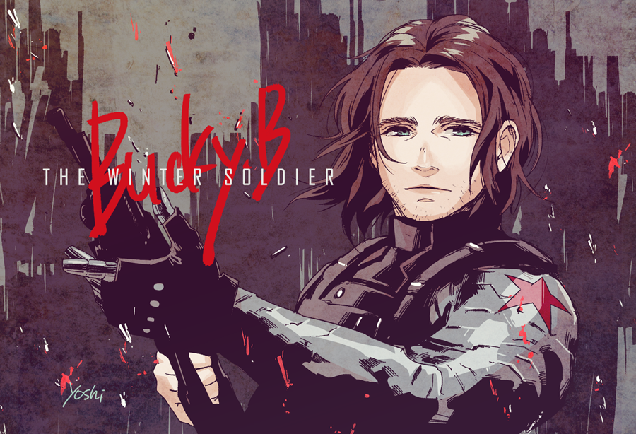 1boy, blue_eyes, brown_hair, captain_america_the_winter_soldier, cyborg, fingerless_gloves, gloves, gun