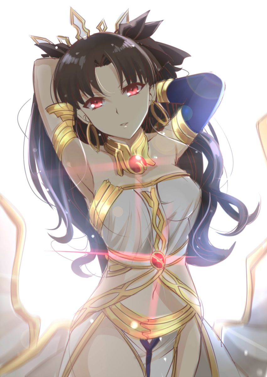1girl, absurdres, armlet, bare_shoulders, black_hair, crown, earrings, fate/grand_order, fate_(series), glowing, gu_li, hair_ribbon, highres, hoop_earrings, ishtar_(fate/grand_order), jewelry, long_hair, looking_at_viewer, neck_ring, pelvic_curtain, red_eyes, ribbon, solo, tohsaka_rin, twintails, two_side_up, white_background