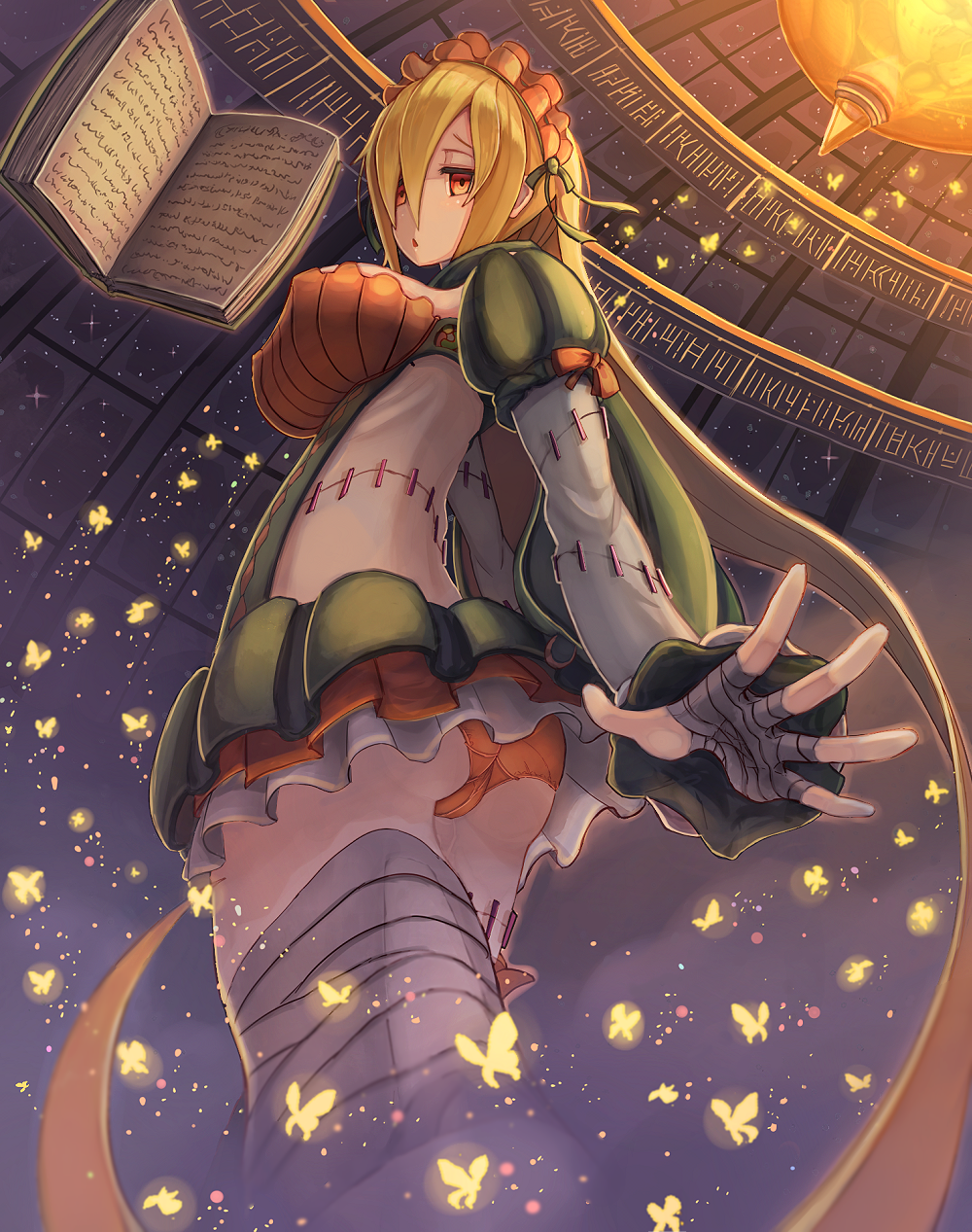 1girl, absurdly_long_hair, ass, bandaged_hands, bandaged_leg, blonde_hair, book, breasts