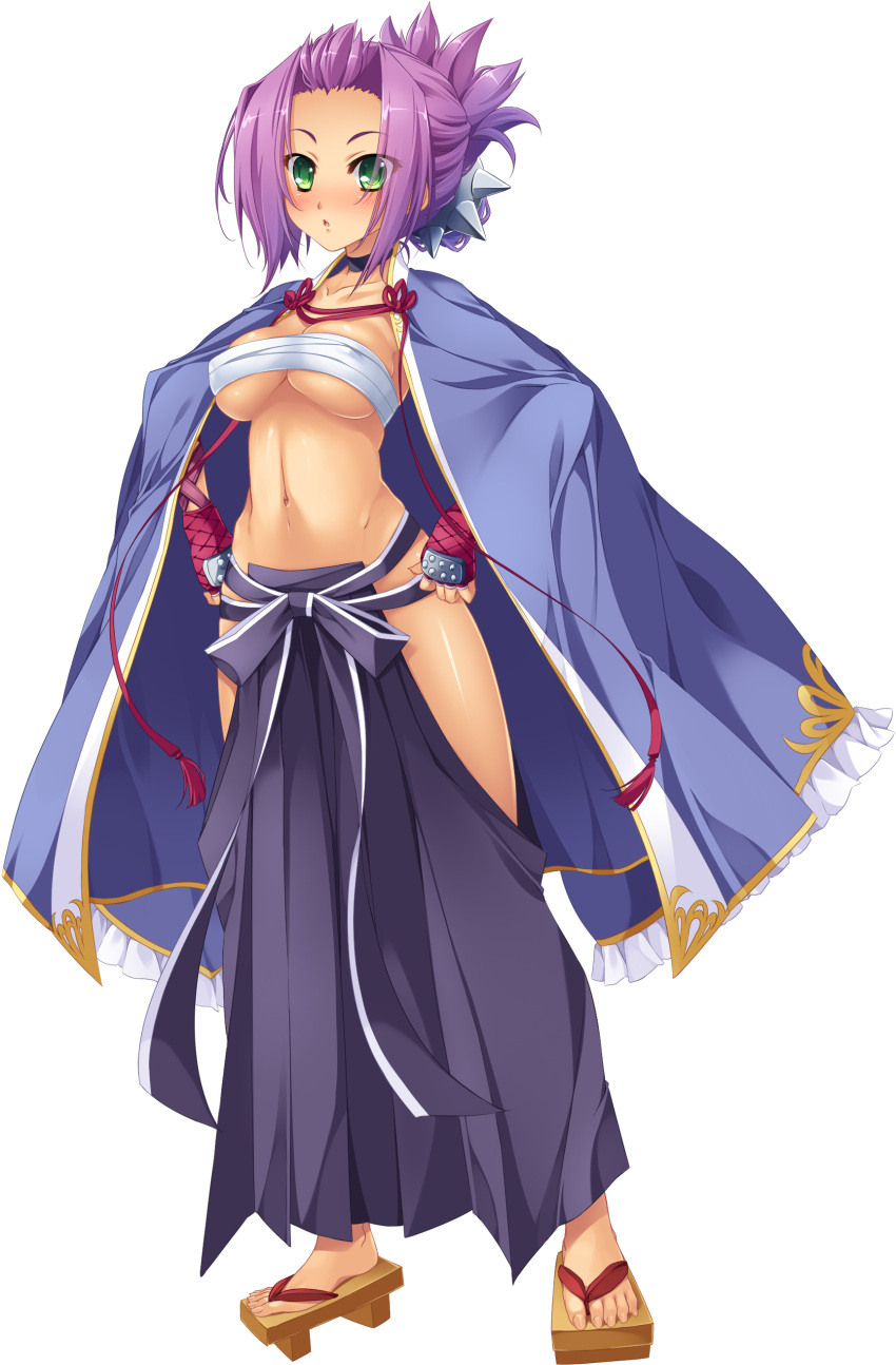 1girl, absurdres, artist_request, blush, breasts, chouryou_(shia), collar, dark_skin, feet, geta, green_eyes, hands_on_hips, highres, japanese_clothes, koihime_musou, large_breasts, looking_at_viewer, navel, official_art, purple_hair, sandals, sarashi, solo, standing, toes, transparent_background