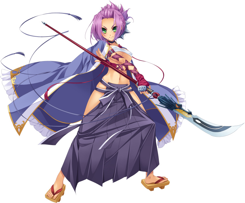 1girl, absurdres, artist_request, blush, breasts, chouryou_(shia), collar, feet, fingerless_gloves, geta, gloves, green_eyes, highres, holding, holding_weapon, japanese_clothes, koihime_musou, large_breasts, looking_at_viewer, naginata, navel, official_art, polearm, purple_hair, sandals, sarashi, solo, standing, toes, transparent_background, weapon