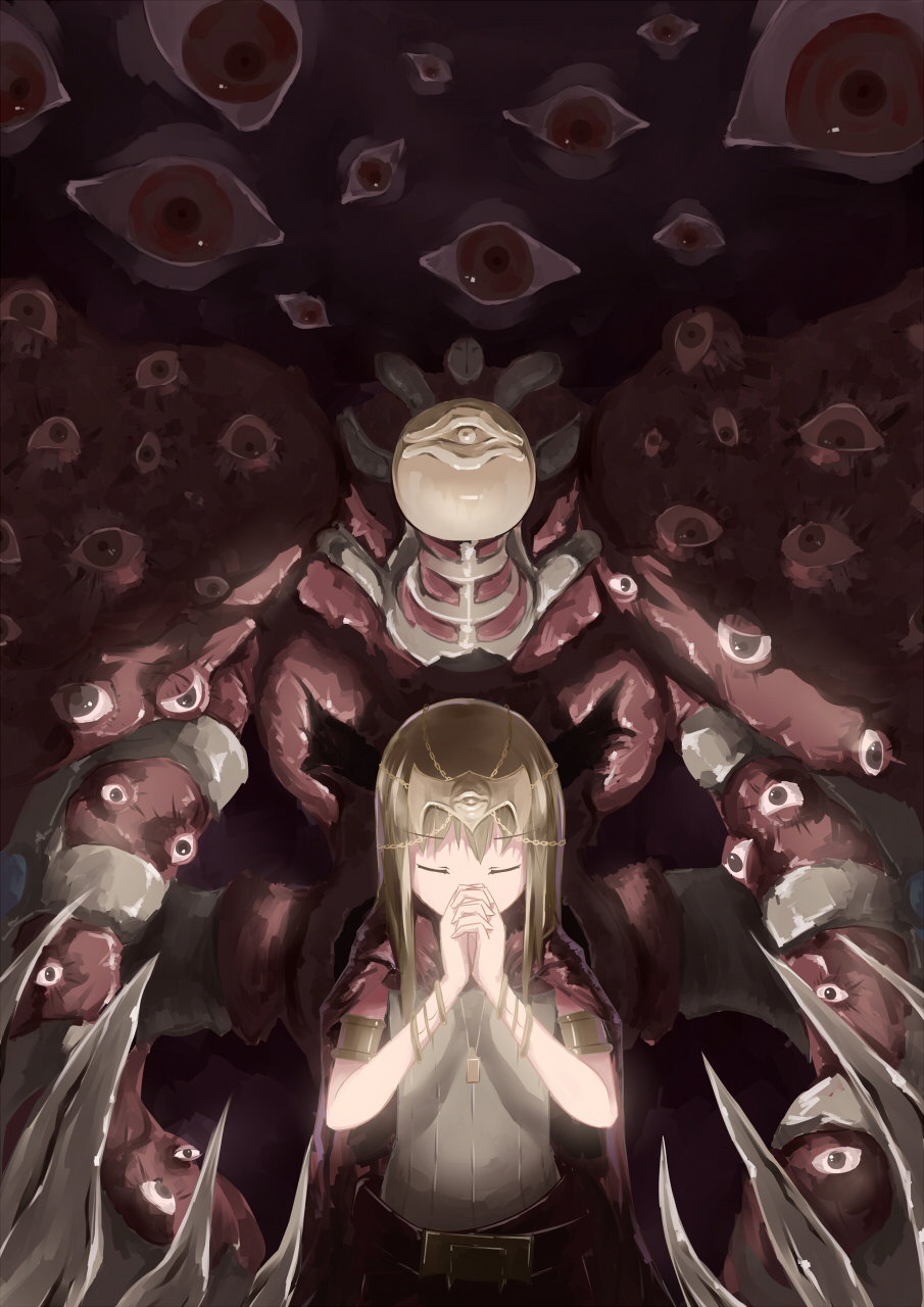 1girl, armlet, bangle, belt, bracelet, brown_hair, cape, character_request, closed_eyes, extra_eyes, eyebrows, eyebrows_visible_through_hair, grey_shirt, hands_clasped, highres, jewelry, long_hair, shirt, thousand-eyes_restrict, tinzing, yu-gi-oh!