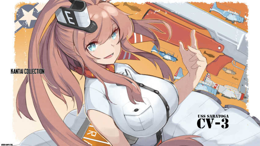 1girl, :d, aosora_kamiya, arm_at_side, breast_pocket, breasts, character_name, copyright_name