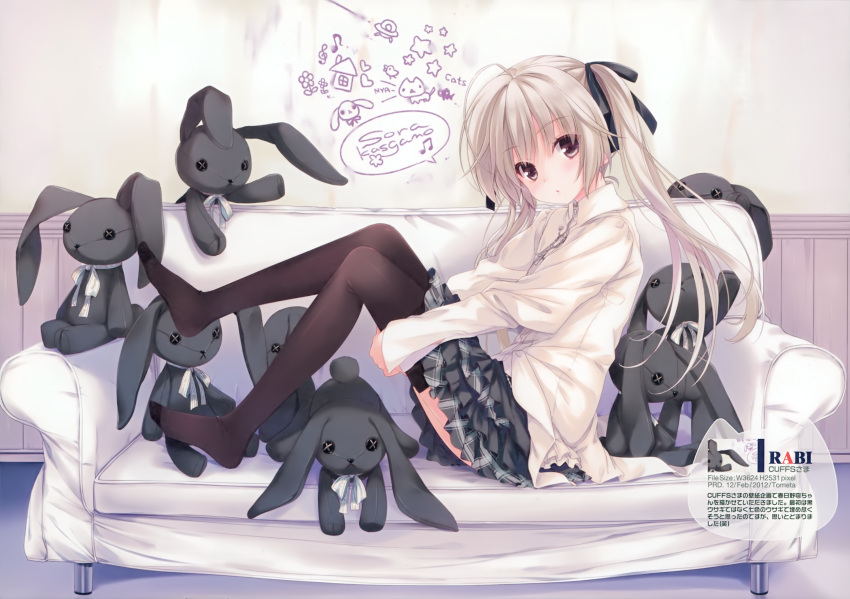 1girl, :o, ahoge, alternate_legwear, black_legwear, black_ribbon, blush, brown_eyes, cat, character_name, collared_shirt, couch, cross, cross_necklace, english, frilled_skirt, frills, from_side, full_body, hair_ribbon, head_tilt, highres, huge_ahoge, jewelry, kasugano_sora, leg_hug, long_hair, long_legs, looking_at_viewer, musical_note, necklace, no_shoes, ohara_tometa, parted_lips, plaid, plaid_skirt, pleated_skirt, qp:flapper, ribbon, scan, shirt, silver_hair, sitting, skirt, sleeves_past_wrists, solo, speech_bubble, stuffed_animal, stuffed_bunny, stuffed_toy, thigh-highs, wainscoting, white_shirt, wing_collar, yosuga_no_sora