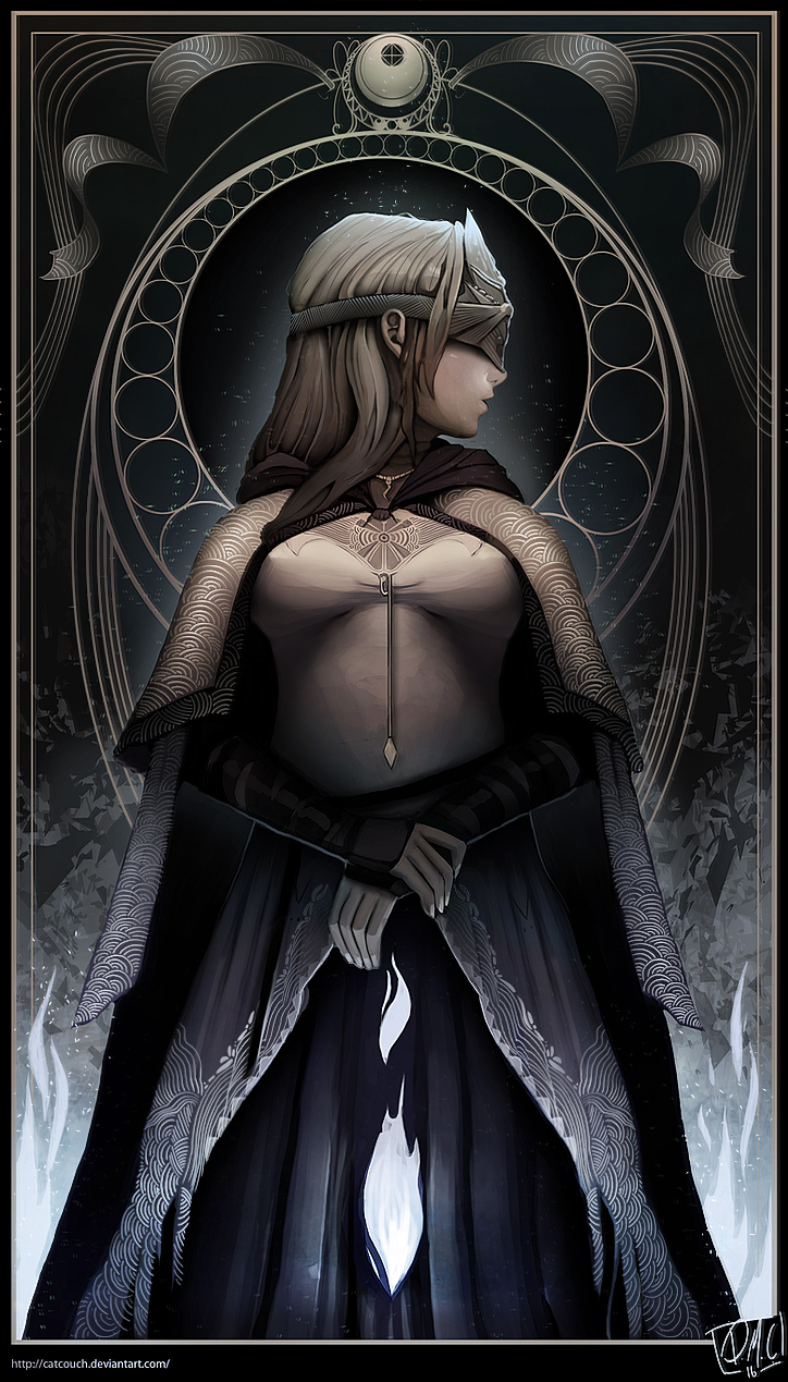 1girl, blonde_hair, catcouch, cloak, covered_eyes, dark_souls_iii, fire_keeper, highres, looking_to_the_side, solo, souls_(from_software), watermark, web_address, wrist_grab