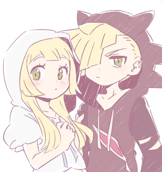 1boy, 1girl, blonde_hair, brother_and_sister, gladio_(pokemon), green_eyes, hair_over_one_eye, hood, hood_up, hoodie, lillie_(pokemon), long_hair, ningukt, pokemon, pokemon_(game), pokemon_sm, short_hair, siblings, simple_background, torn_clothes, upper_body, white_background
