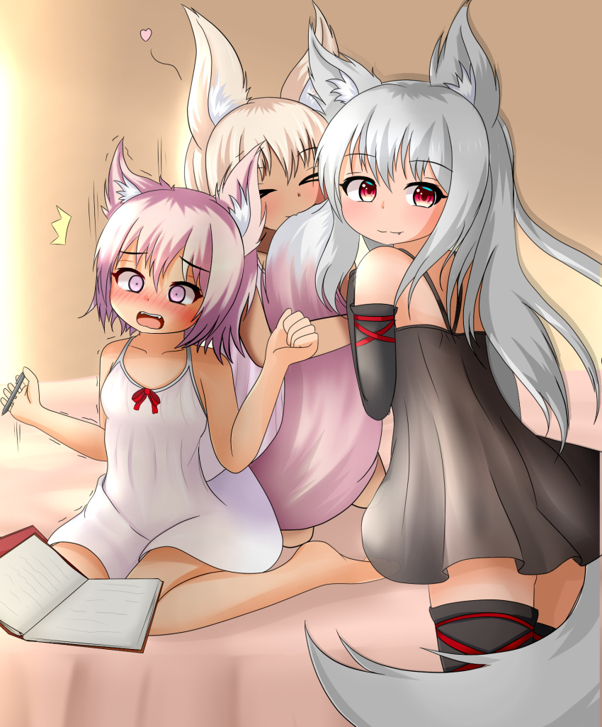 /\/\/\, 3girls, animal_ears, bare_arms, barefoot, black_dress, blonde_hair, blush