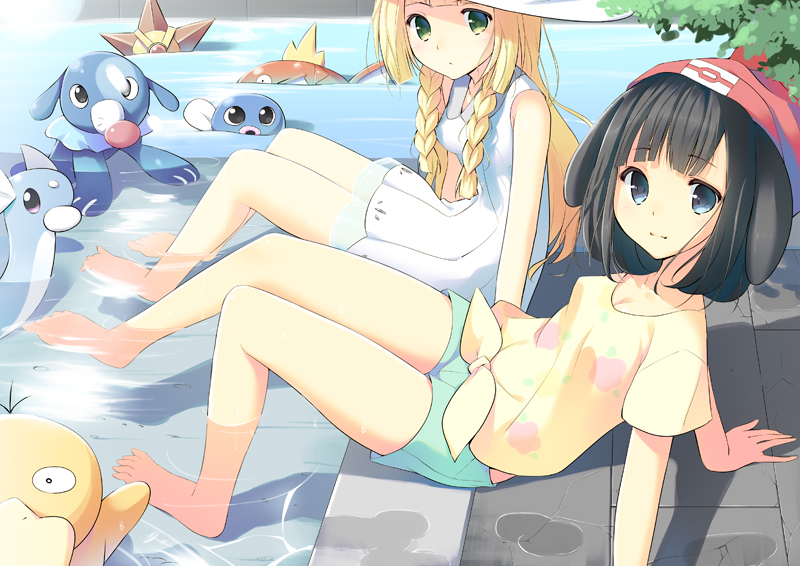 2girls, arm_support, bangs, barefoot, black_hair, blonde_hair, blunt_bangs, braid
