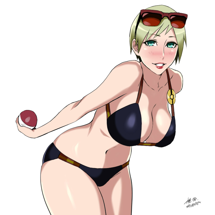1girl, aqua_eyes, artist_name, bikini, black_bikini, blonde_hair, blush, breasts, cleavage, creatures_(company), game_freak, holding, holding_poke_ball, large_breasts, leaning_forward, lipstick, looking_at_viewer, makeup, milf, navel, nintendo, npc_trainer, poke_ball, pokemon, pokemon_(game), pokemon_sm, shibusun, short_hair, solo, sunglasses, sunglasses_on_head, swimmer_(pokemon), swimmer_(pokemon)_(female), swimsuit, white_background