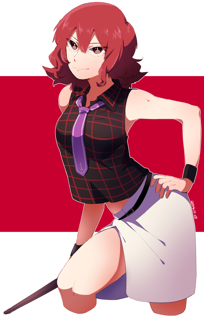 1girl, absurdres, adapted_costume, bangs, belt, black_shirt, breasts, collared_shirt, colored_eyelashes, cowboy_shot, cross_print, dated, drumsticks, eyes_visible_through_hair, hair_between_eyes, hand_on_hip, highres, horikawa_raiko, jacket, jacket_removed, looking_at_viewer, medium_breasts, midriff, miniskirt, namataro, necktie, plaid, plaid_shirt, purple_necktie, red_background, red_eyes, redhead, reflective_eyes, shiny, shiny_hair, shirt, short_hair, side_slit, skirt, sleeveless, sleeveless_shirt, smile, solo, thighs, touhou, two-tone_background, white_background, white_skirt, wristband