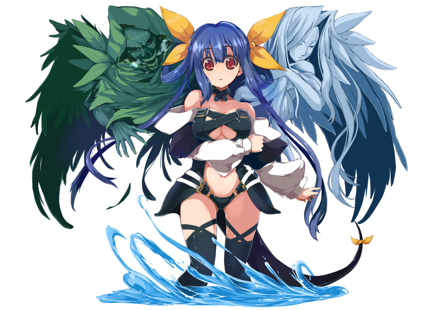 1boy, 2girls, asymmetrical_wings, bare_shoulders, black_legwear, blue_hair, breasts, choker, detached_sleeves, dizzy, guilty_gear, hair_ribbon, highres, inagata, large_breasts, long_hair, multiple_girls, navel, necro_(guilty_gear), partially_submerged, red_eyes, ribbon, simple_background, tail, tail_ribbon, thigh-highs, twintails, under_boob, undine_(guilty_gear), water, white_background, wings, yellow_ribbon
